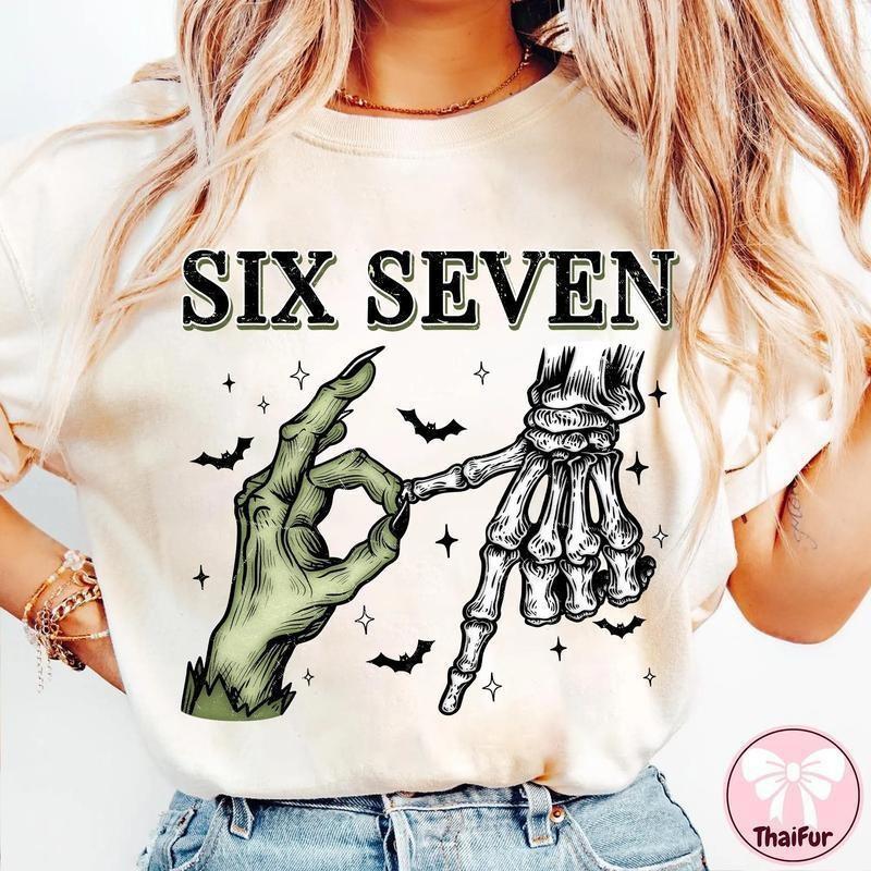 Polyester 100% Women Men Six Seven Skeleton Zombie Hands Graphic T-Shirt Halloween Bat Print Retro Short Sleeve Casual Tee