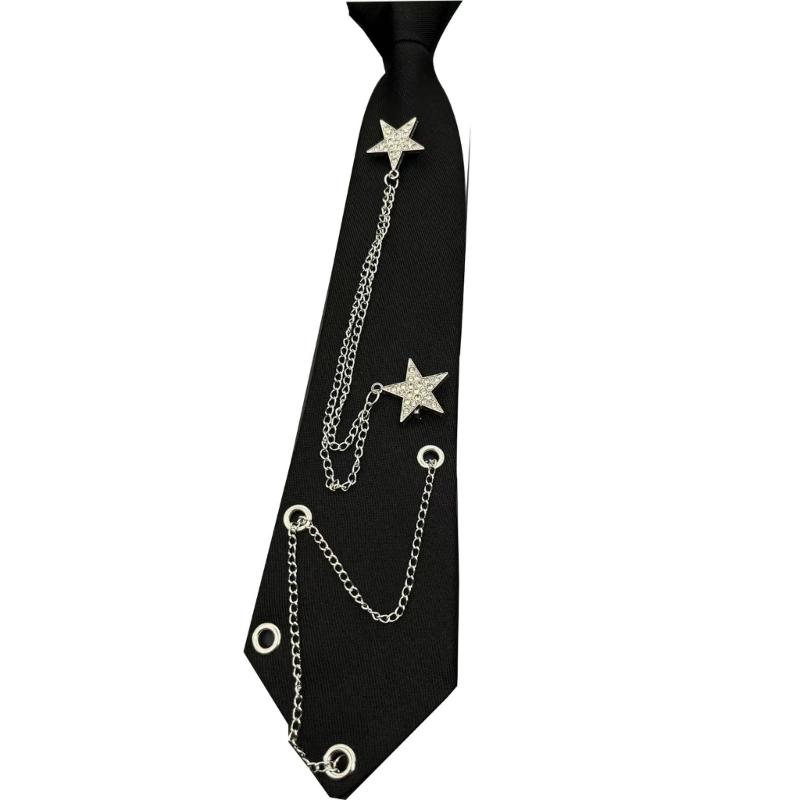 Punk Star Chain Decors Neck Tie for JK Costumes and Everyday Wear Uniform Tie Party Neckwear for Student Formal Event