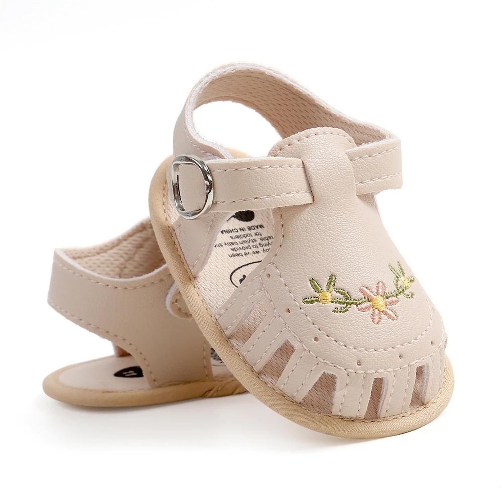 

2025 Newborn Baby Girl Sandals Summer Embroidered Leisure Comfortable Lightweight Floral Soft Sole Wrap Toe Sandals For 0-18M 11(0-6M) бежевый