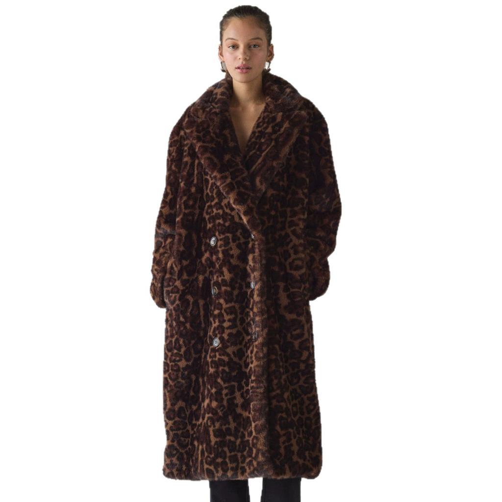 Popular Leopard Print Medium and Long Imitation Fur Coat Women's Double-breasted Lapel Loose Light Luxury Thermal Jacket