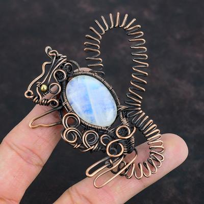 Rainbow Moonstone Pendant Copper Wire Wrapped Gemstone Pendant Rabbit Pendant Copper Jewelry Handmade Pendant Wire Wrap Jewelry Gift For Him