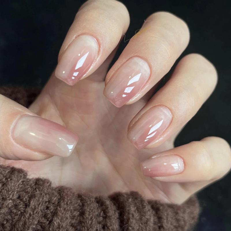 24Pcs Short Gradient Press On Nails With Jelly Glue Elegant Ballet Square Glitter Acrylic Fake Nails Set