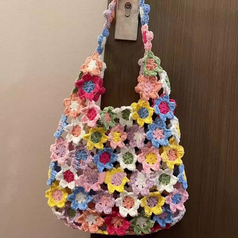 Handmade Crochet Floral Print Shoulder Bag - Summer Gift for Her