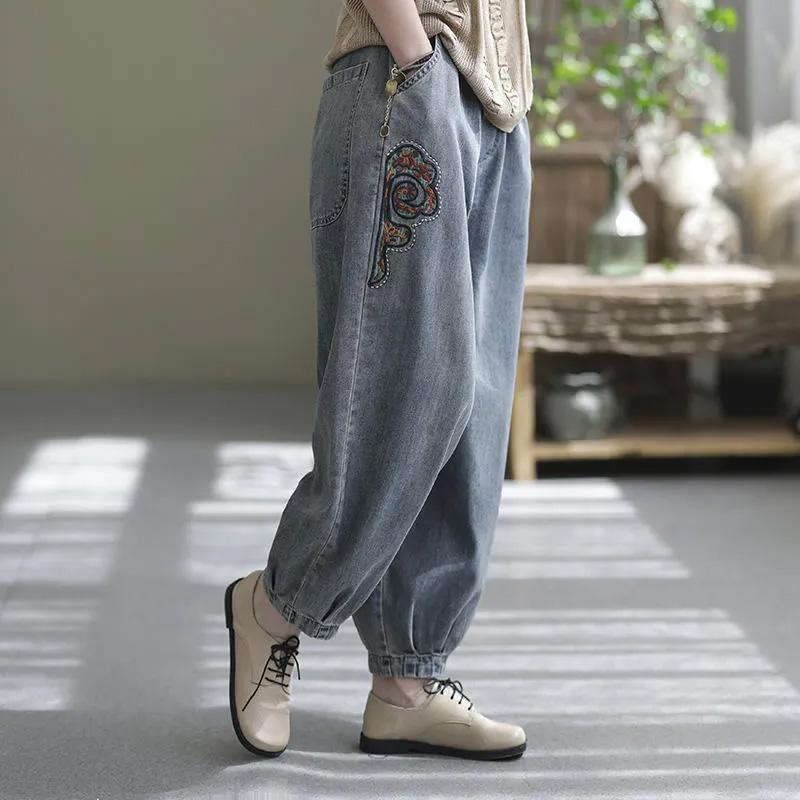 Jeans Women Cotton Embroidery Nine High Waist Wide Leg Pants Casual Vintage Loose Trousers