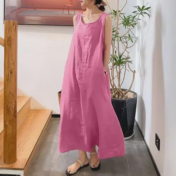 Women's Sleeveless Cotton-Linen Summer Dress - European & American Style, Loose Fit with Pockets and Round Neck