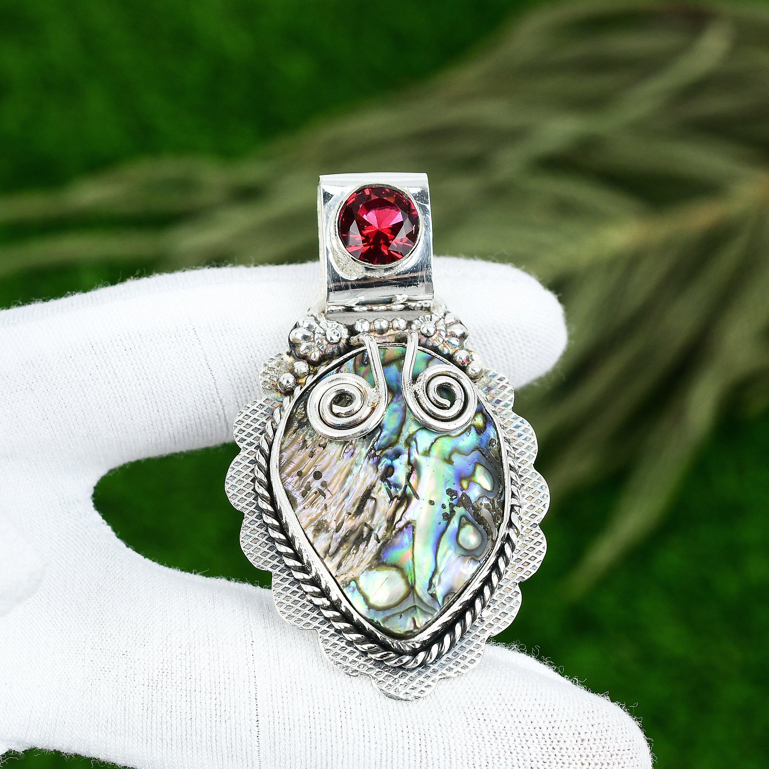 Sterling Silver Abalone Shell Stone Rubillite Bezel Daughter New Pendant Jewelry