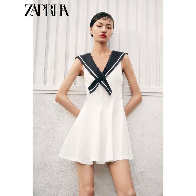 Zaprha 2025 Summer New Contrast Color Sweet Navy Style V-Shaped Neckline Sleeveless Short Dress 4661392