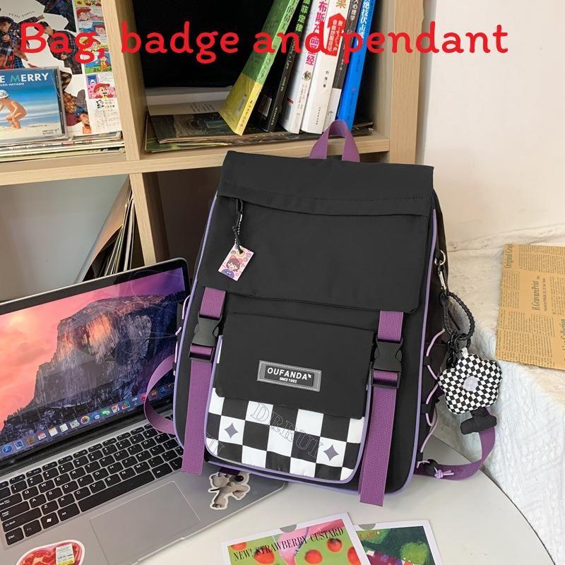 

Fashionable Color Blocked Checkered Pattern Student Backpack With Badge Pendant For Middle Schoolers Daily Use чорний
