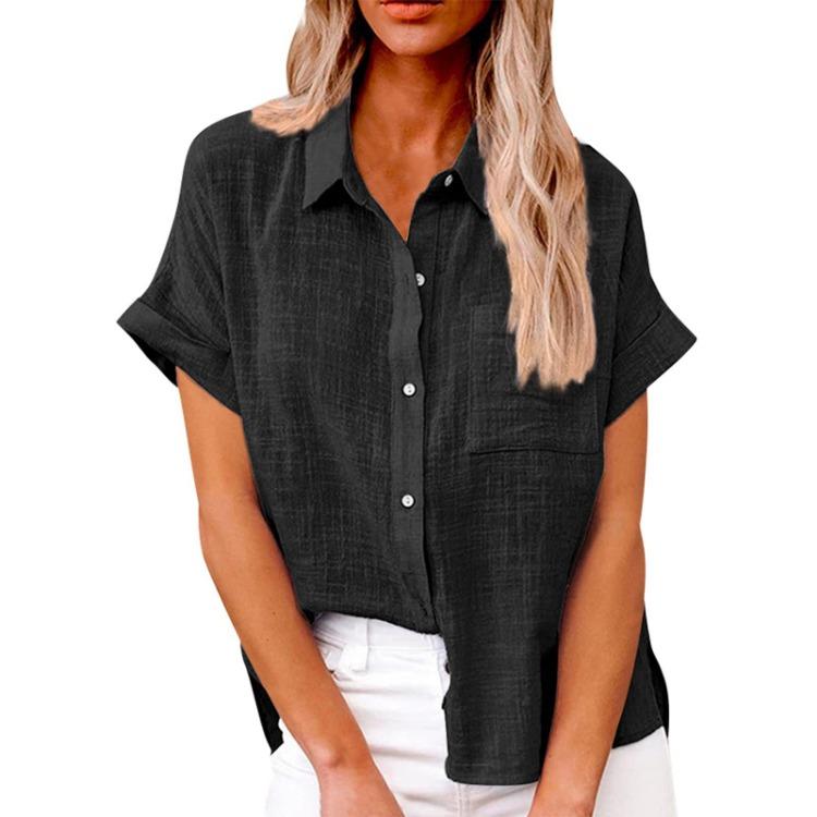 Casual Loose Women Shirt Short Sleeve Lapel Button Down Top With Pocket Tshirt Fashion Color