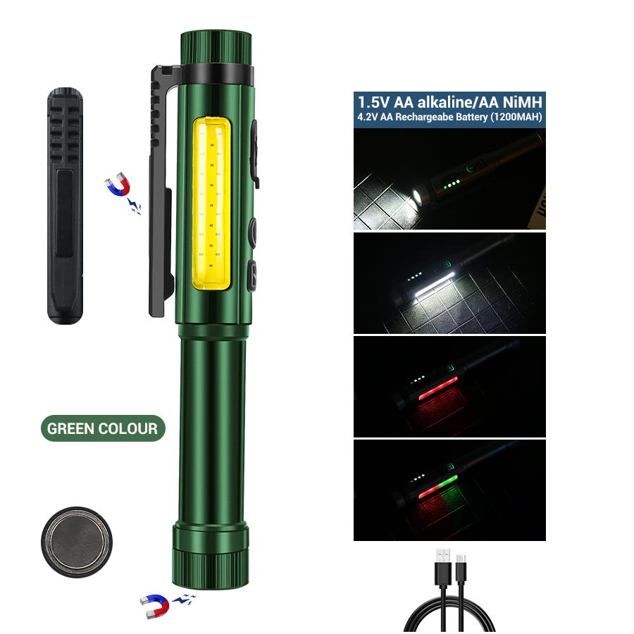 Type-c Rechargeable Mini LED Flashlights Pocket Clip Penlight COB Red And Green Flashes Dual Magnetic Design Waterproof Torch