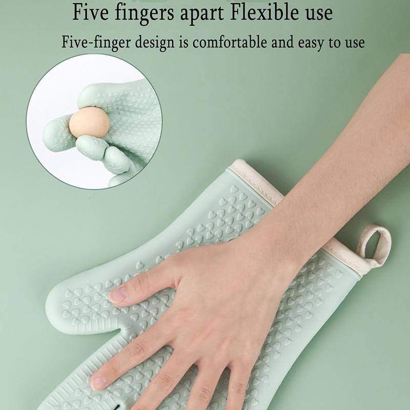 1 Pair Heat Resistant Mitts Pot Holder Oven Mitts Silicone 5 Finger Kitchen Mitts Waterproof Non-Slip Heat Household Baking Clip