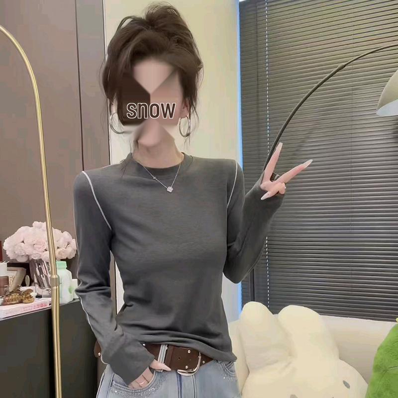 2025 Autumn/Winter Women's Stylish Round Neck Long Sleeve Plus Velvet T-shirt, Inner/Outer Base Layer
