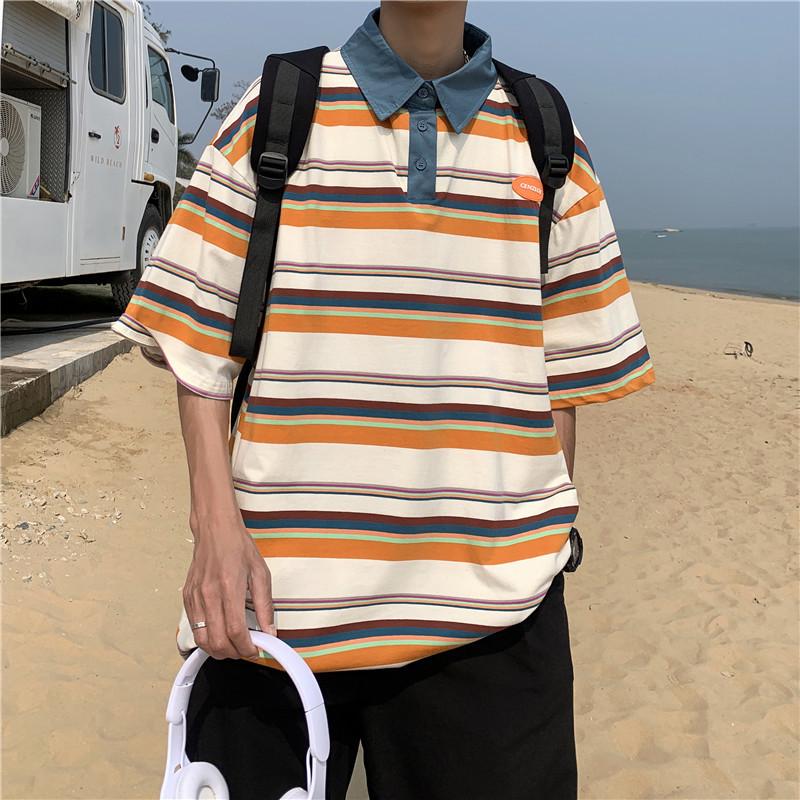 

Мужская рубашка-поло в полоску Harajuku — модная, свободная, повседневная в стиле хип-хоп 2XL абрикосовый
