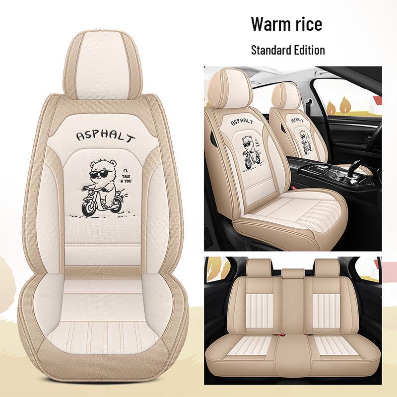 All-Season Linen Car Seat Cover - Breathable, Full Coverage with Cute Cartoon Design for Autumn/Winter