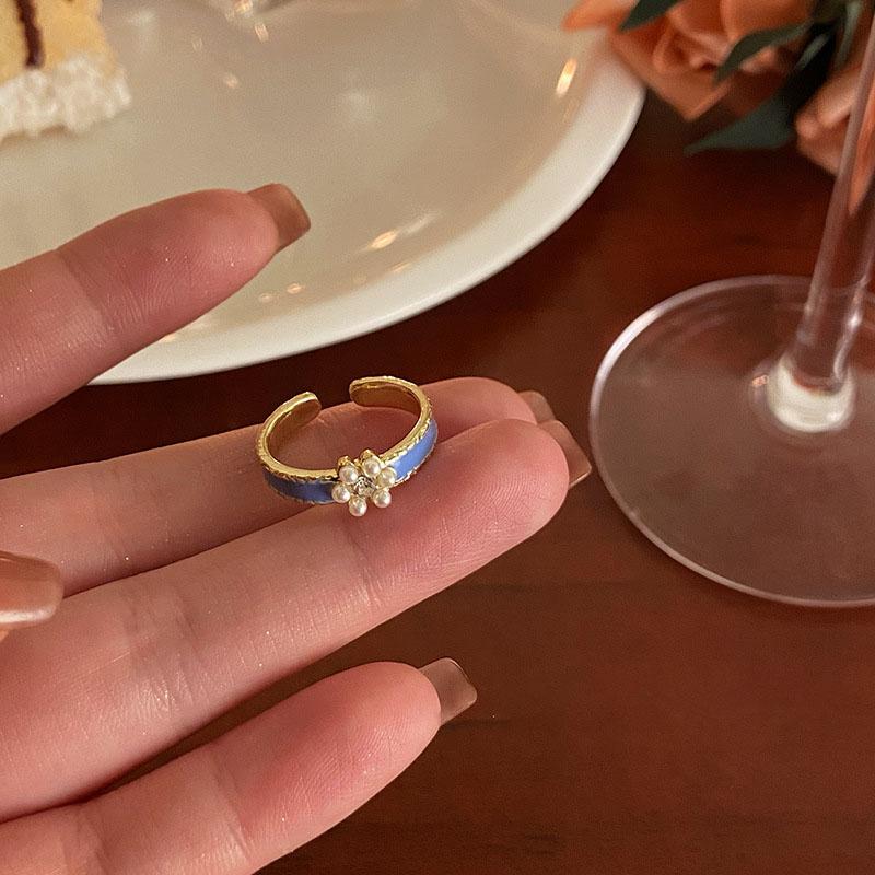 

Корейское новое голубое глазурованное кольцо с жемчугом и цветком, женская мода, новый тренд, персонализированное кольцо на указательный палец, открытое кольцо