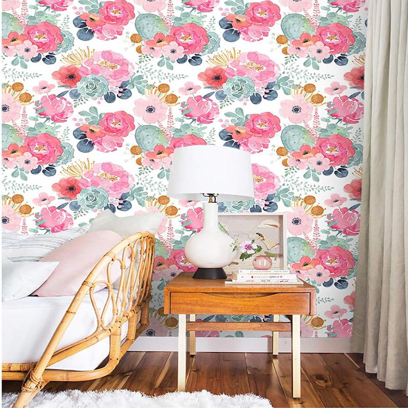 Floral Wallpaper Peel and Stick Watercolor Cactus White/Pink/Green/Navy Blue Vinyl Self Adhesive Prepasted Decorative stickers