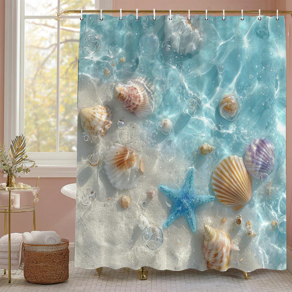 Ocean Beach Scenery Shell Starfish Waves Shower Curtain, Bathroom Decorative Shower Curtain, Printing Shower Curtain With Hooks