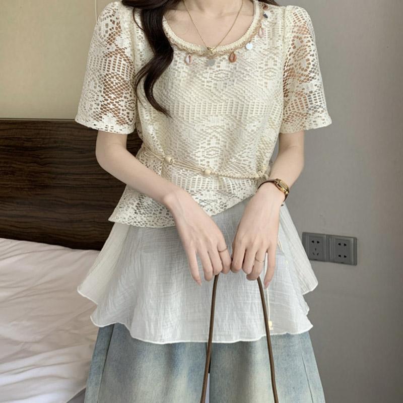 Fake Two-piece T-shirt Women Summer Soft Loose Short-sleeved Casual Pullover Hollowed Top