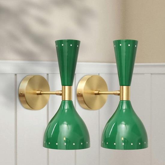Mid Century Modern Green Brass Wall Sconce Lamp  Retro Double Shade, Handmade Bedroom Lighting