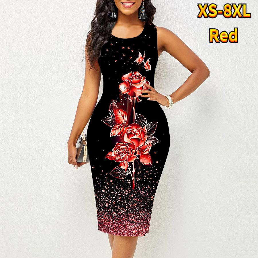 

Женское платье Sling Summer Delicate Rose Print Dresses Tight без рукавов Slim Fit Sexy Fashion Top Clothing 5XL красный