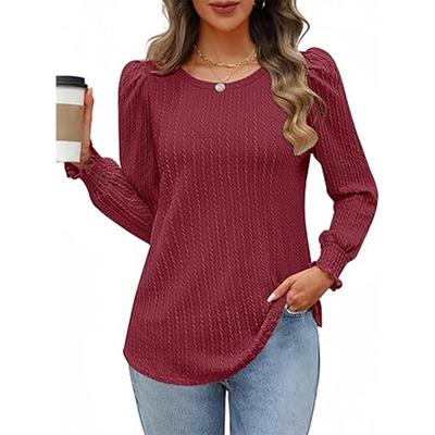 Top tricotat elegant pentru femei cu gât rotund Tricouri casual pentru femei versatile cu mâneci lungi