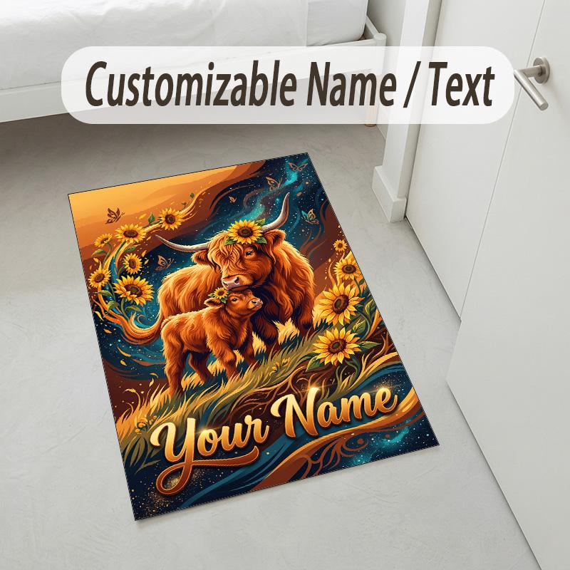 Tappeto in Velluto Cristallo Tema Mucca Highland Nome Personalizzato Testo Tappetino Morbido per Pavimento Decorazione Casa