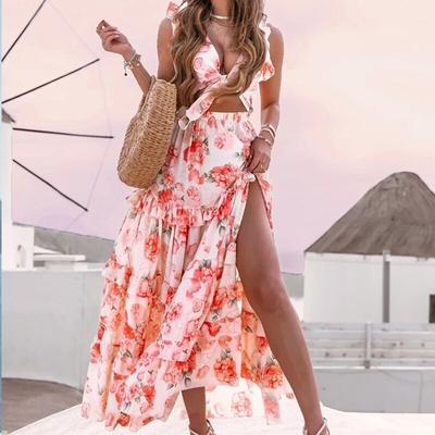 Sommerkleid mit elastischer Taille und Schleife und Rüschen, sexy, lässig, ärmellos, mit Blumenmuster, süßes V-Ausschnitt, geteiltes böhmisches langes Kleid 26236