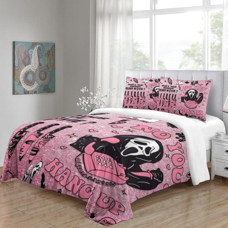 Halloween Bedding Set 3-piece Pink Cartoon Skeleton Duvet Set Funny Horror Ghost