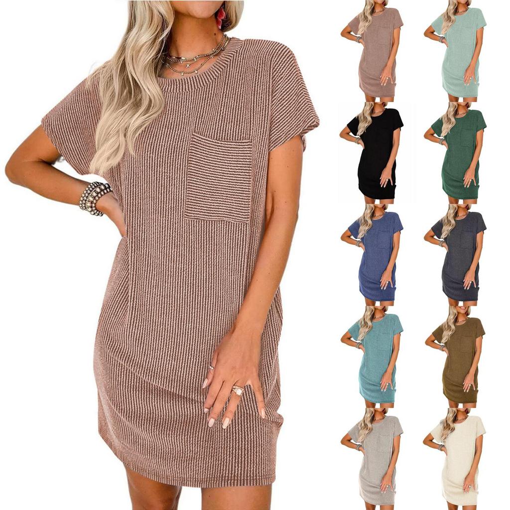Damen Lässiges Modekontrastfarbenes verdrehtes Streifen-Kurzarmtaschenkleid