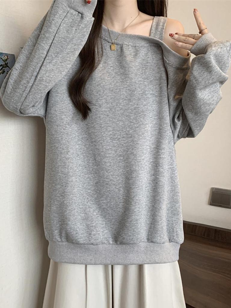 2025 Spring/Autumn Women's Off-the-Shoulder Solid Color Slimming Sweatshirt