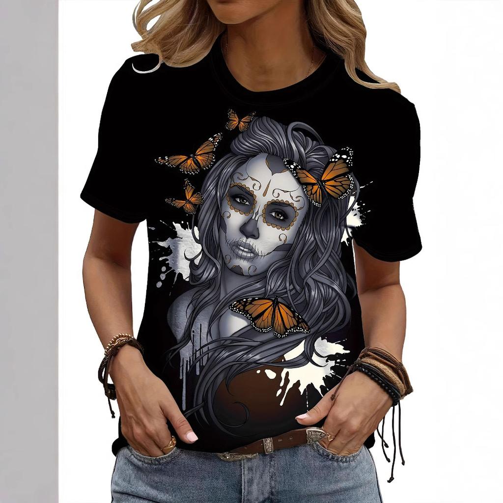 Summer Round Neck 3D Kull Print Top Fashionable Casual Short Sleeved Women's T-shirts