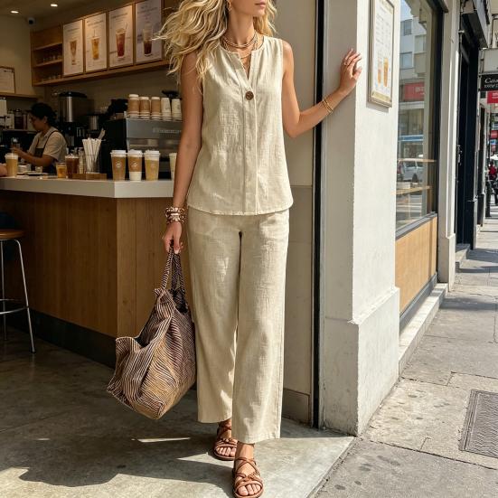 Completi da Donna in Cotone e Lino a 2 Pezzi, Top a Canotta Senza Maniche con Scollo a V e Pantaloni a Gamba Larga, Outfit Casual da Casa con Tasche