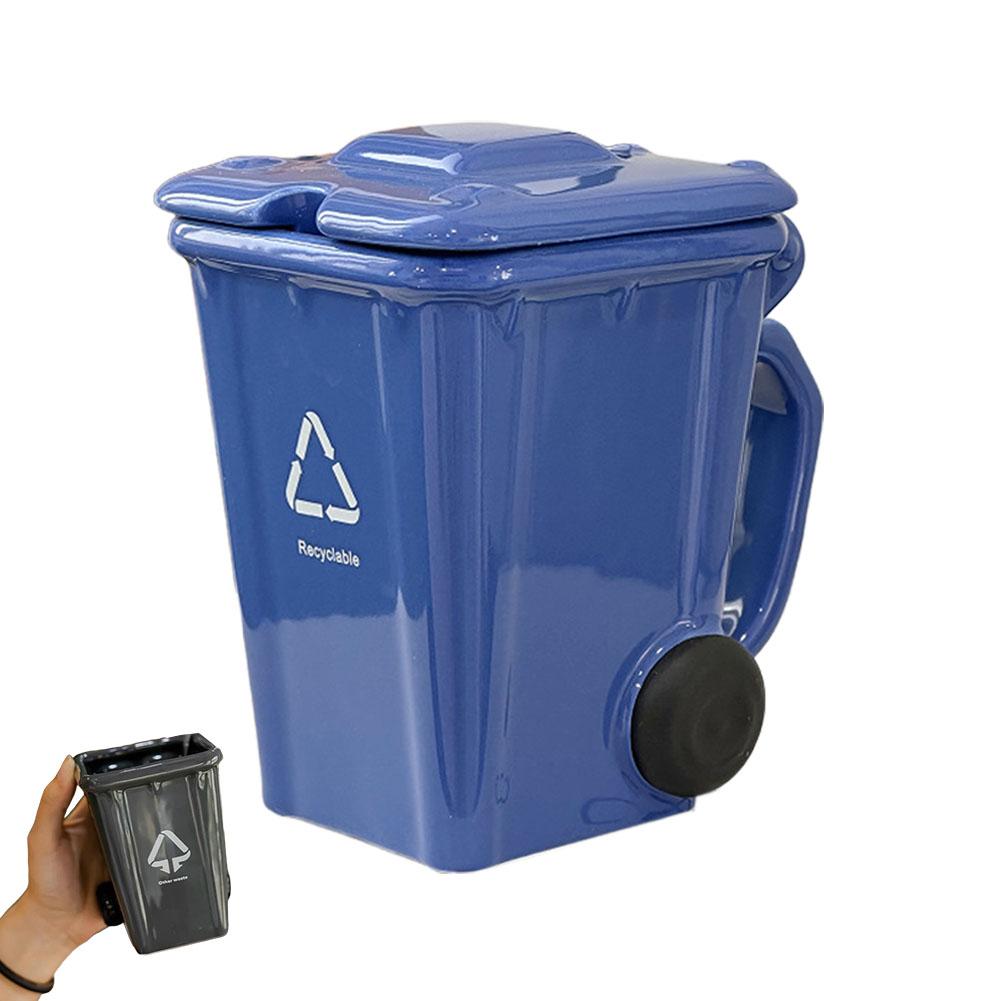 Ceramic Trash Can Shaped Mug with Lid Recycling Bin Coffee Cup Ceramic Funny Mug Gift for Friends 350ml синий