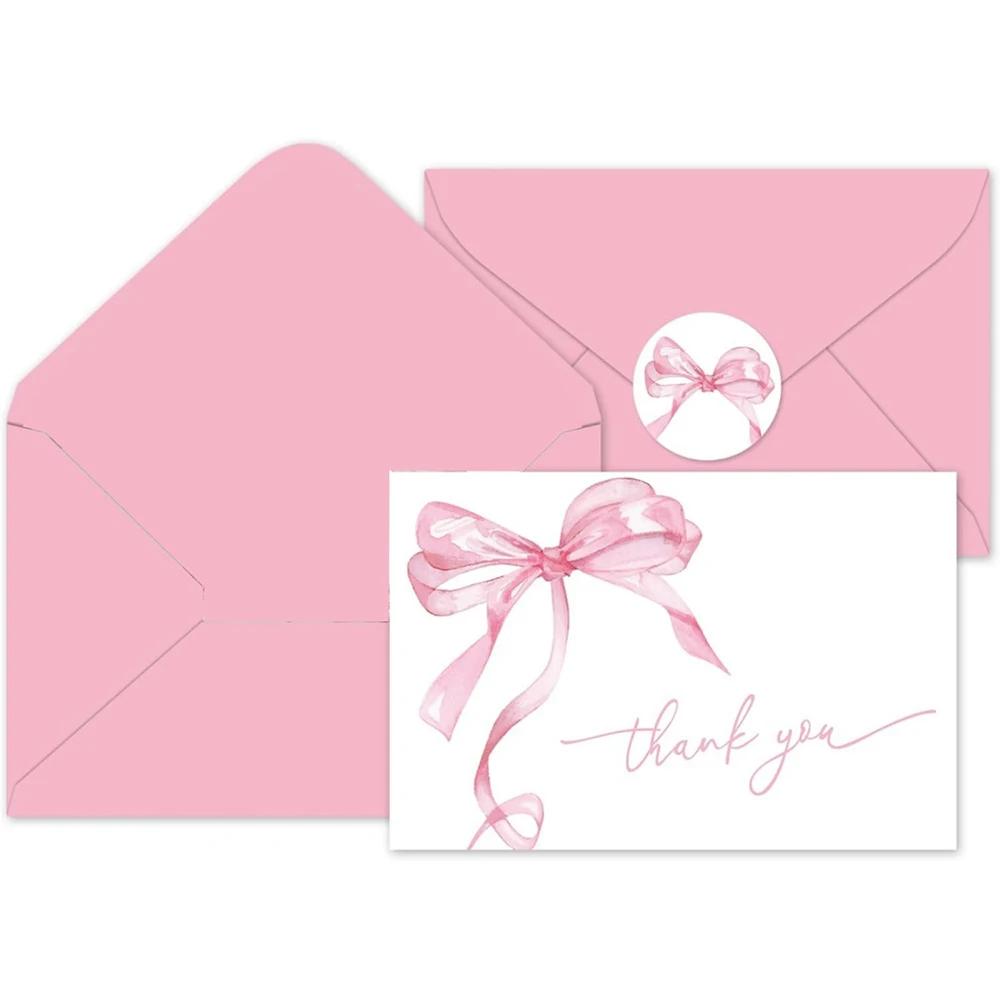Runtow 10pcs Pink Bow Thank You Cards ,Wedding Greeting Cards with Envelopes ,Birthday Party Invitation Card