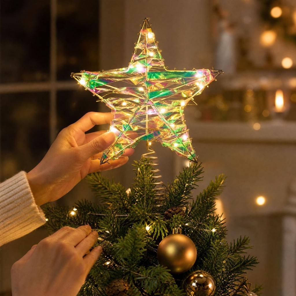 Christmas Tree Topper Star with Lights, Glitter Five-Pointed Star for Holiday Decoration