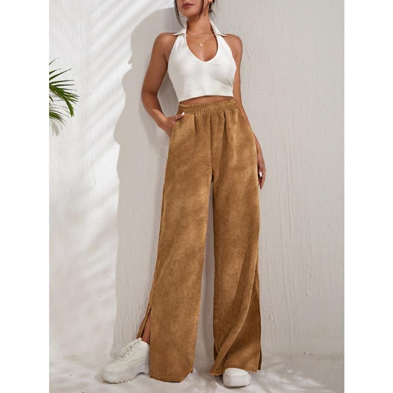 Spring and Autumn Women's Pants High Waist Casual Pants Solid Colour Corduroy Splicing Slit Hem Long Pants
