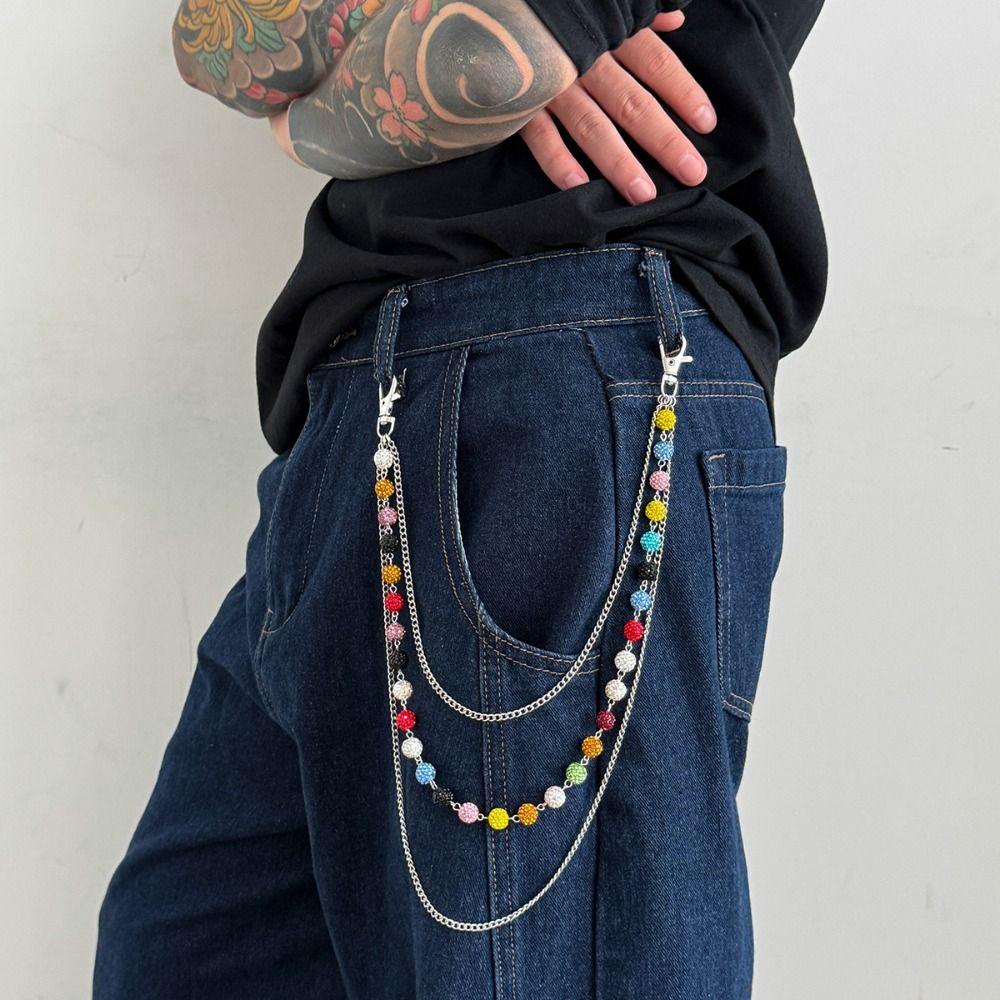 Jeans Chain Punk Belt Chain Zinc Zinc Zinc Alloy Pants Chain Colorful Rhinestone Bead Waist Chain  Female