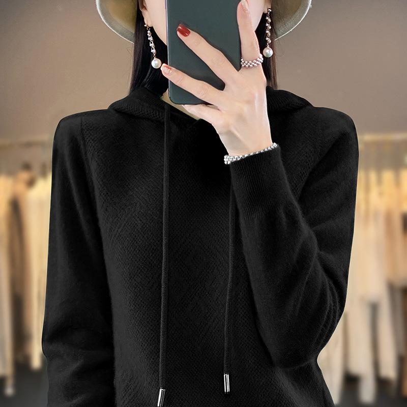 Hooded Knitted Hoodie Women's Versatile Solid Color Hoodie Loose Western Coat Top Explosive Casual Hooded Sweater