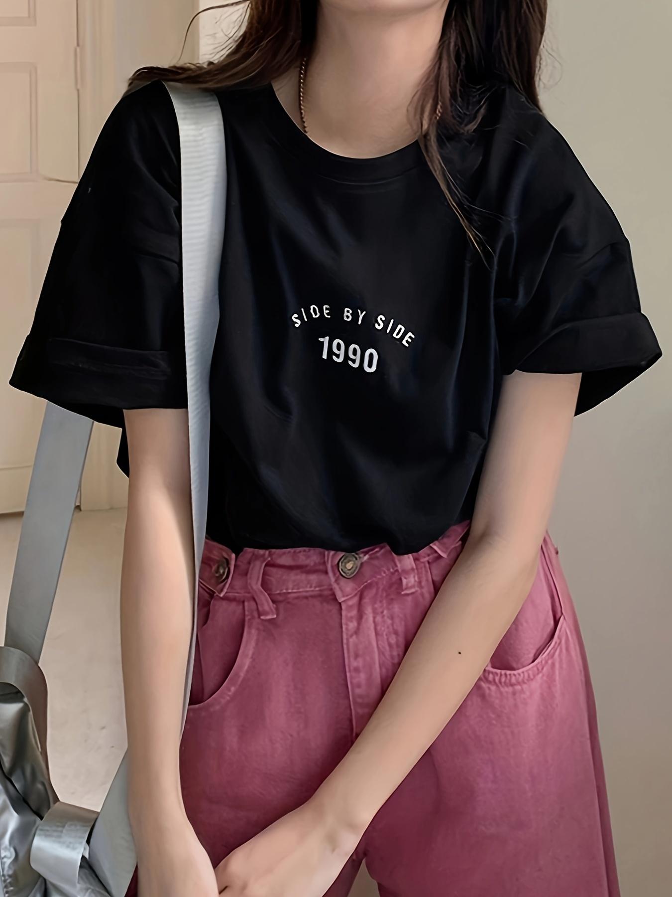 

Korean Style 1990 Side By Side Letter Printed Female TShirt Summer Casual T Shirt Fashion Loose Streetwear Women Tops S