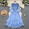 French court style seven-quarter sleeve dress women's summer mesh hollowed crochet design sense temperament big pendulum long skirt