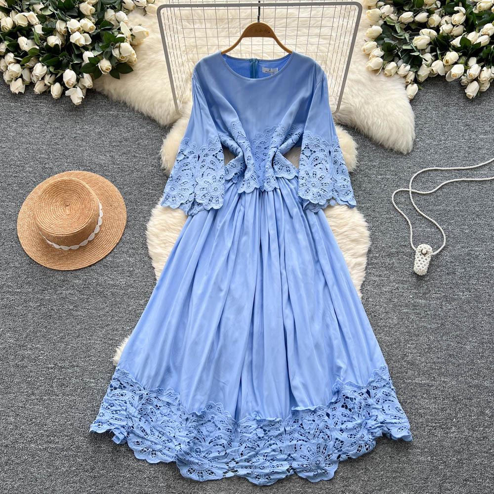 French court style seven-quarter sleeve dress women's summer mesh hollowed crochet design sense temperament big pendulum long skirt