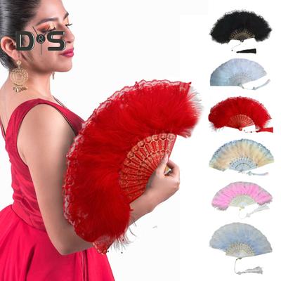 Evantai Pliabil Vintage din Dantelă cu Pene și Ciucuri, Portabil de Vară, Evantai de Mână, Decor, Recuzită pentru Performanțe de Dans, Accesorii pentru Petrecere