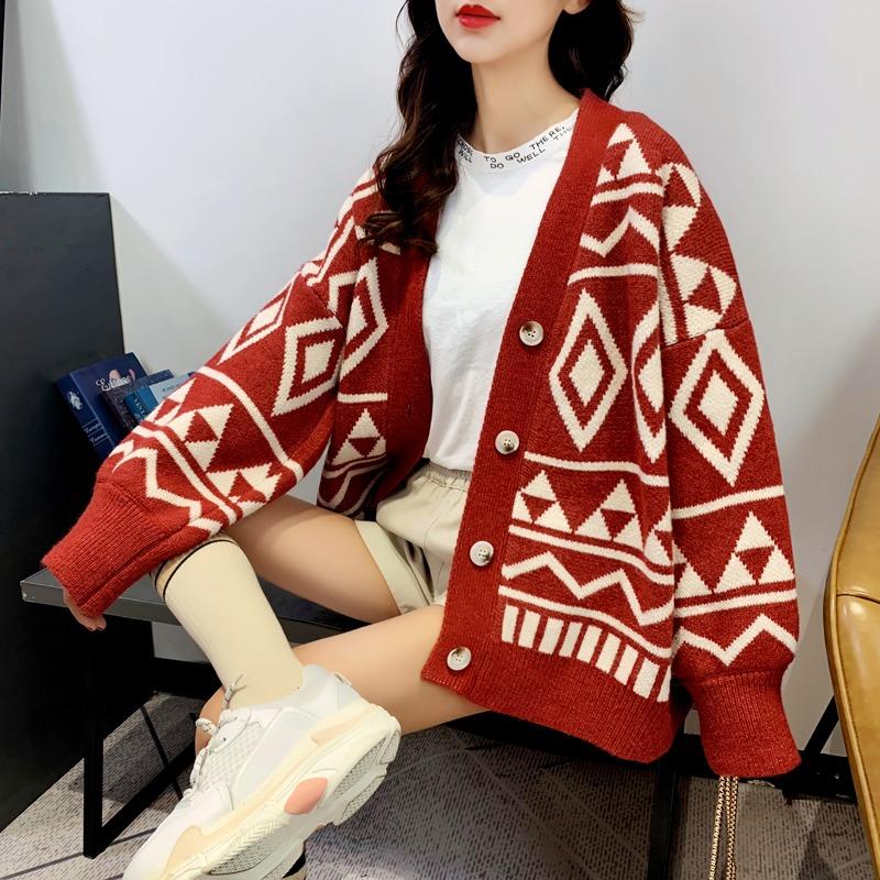 V Neck Knitted Cardigan Sweater Jacket Women's Spring Autumn Winter Long Sleeve Thickened Loose Outer Wear Coats Office Casual Simple Clothing