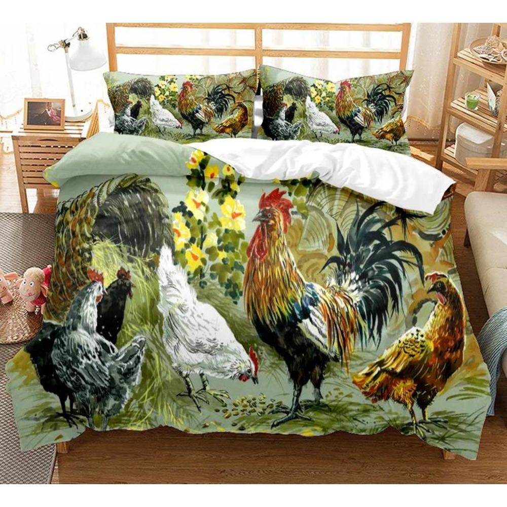 Chicken Duvet Cover King Queen Size Lovely Hen Pattern Bedding Set Kids Teens Adults Farm Animals Soft Polyester Comforter Cover