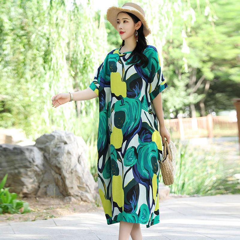 Blumendruck Kleid Damen Sommer Casual O-Ausschnitt Kurzarm Langes Kleid Böhmisches Strand Sommerkleid Vestidos