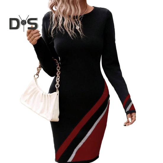 

Женское мини-платье весна-осень контрастный цвет полосатый принт повседневное платье O-образный вырез длинный рукав облегающее платье уличная одежда 3XL красный