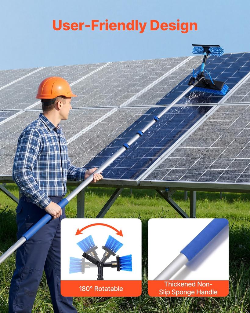 Sada na čištění solárních panelů, 6,06 m, Sada s tyčí na vodu a čisticím kartáčem, Dávkovač mýdla, Rozšiřitelná hliníková teleskopická tyč, Kartáč otočný o 180°