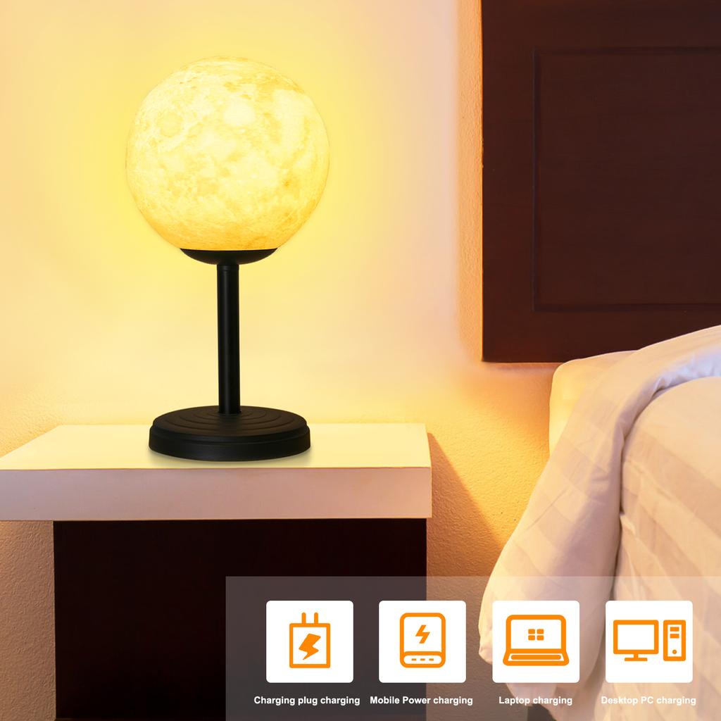 3D Moon Lamp Bedroom Table Lamp Dimmable Bedside Night Lamps Modern LED Desk Light with 3 Color Temperatures Nightstand Lamp USB