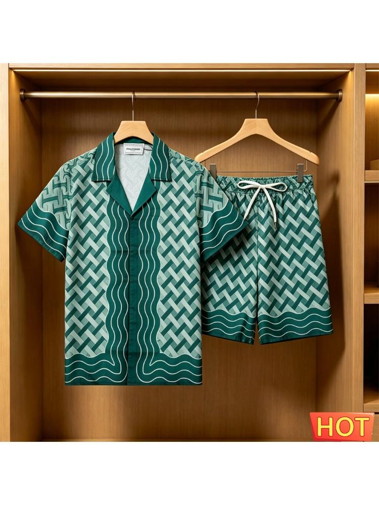 Men's Summer Set: Stylish 3D Striped Print Short Sleeve Shirt and Shorts