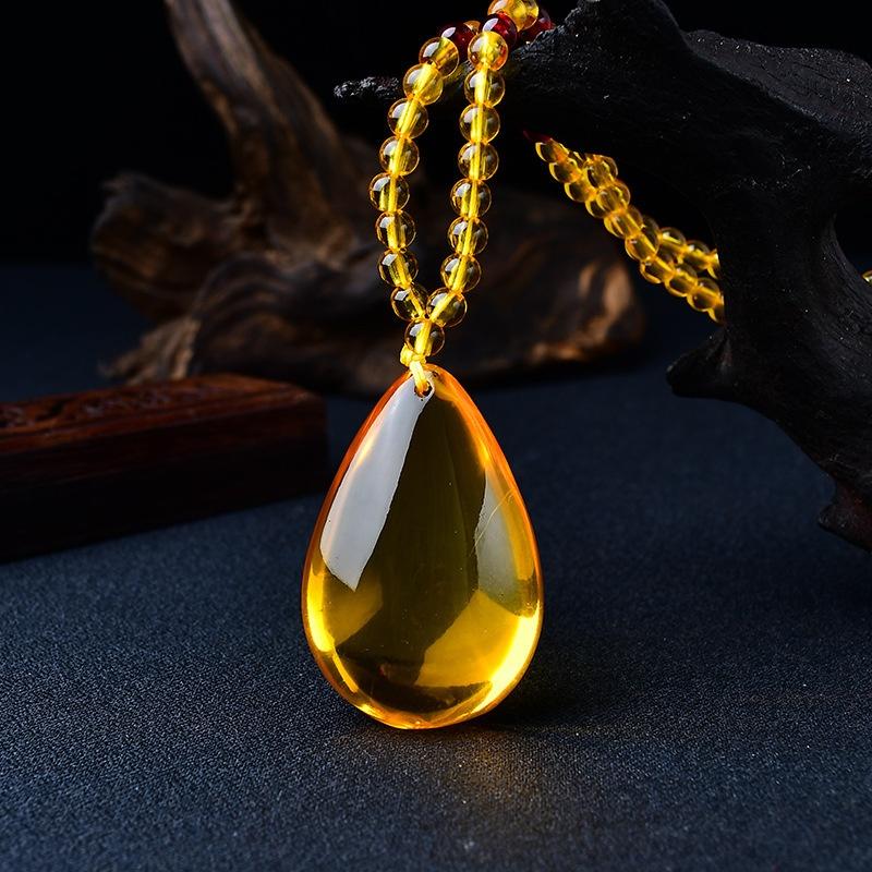 Yellow Beeswax Sweater Necklace Water Drop Flowers Gourd Leaves Amber Pendant Necklace Handicraft National Style Pendant